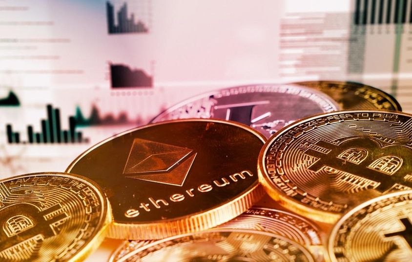 Crypto coins, Bitcoin and Ethereum.