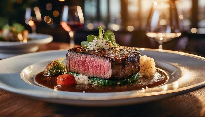 A beautifully presented medium steak.