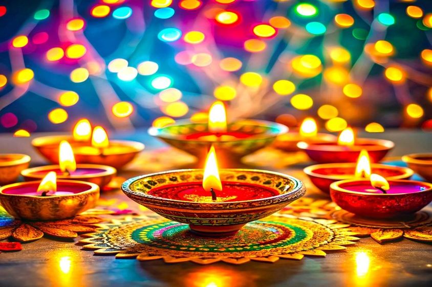 Diwali ünnepi mécsesek egy asztalon.