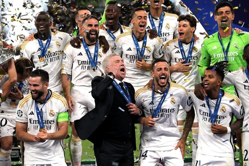 Real Madrid celebrating after a victory match.