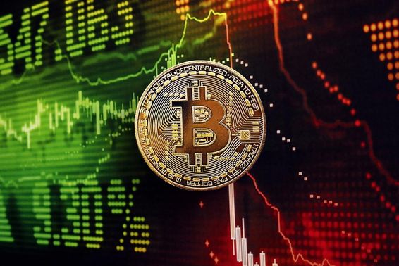 Bitcoin érme, mögötte tőzsdei grafikon. 
