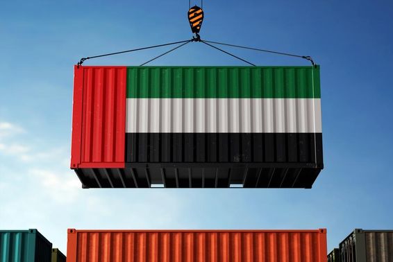 UAE zászló színeire festett konténert emel a daru.