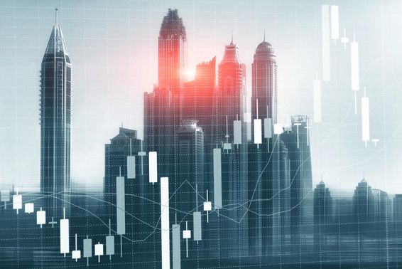 Tőzsdei chart háttérben dubai felhőkarcolok. 