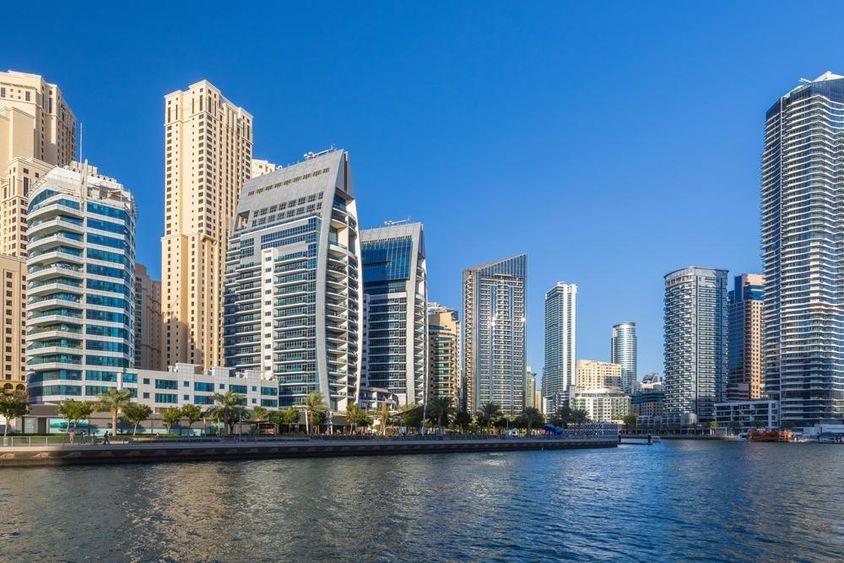Skyscrapers at Dubai Marina harbor.
