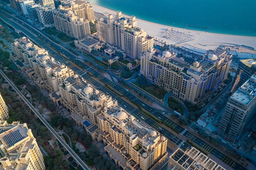 Aerial view of Palm Jumeirah architecture.