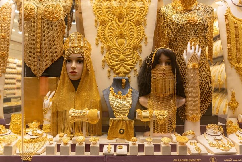 Women's jewelry displayed in the Dubai Gold Souk.