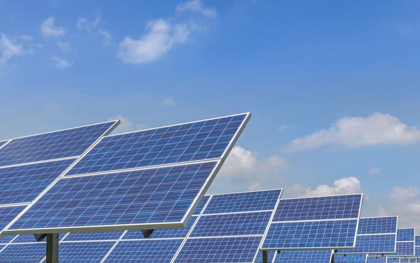 Solar panels made of polycrystalline silicon or photovoltaic cells in a solar power plant.
