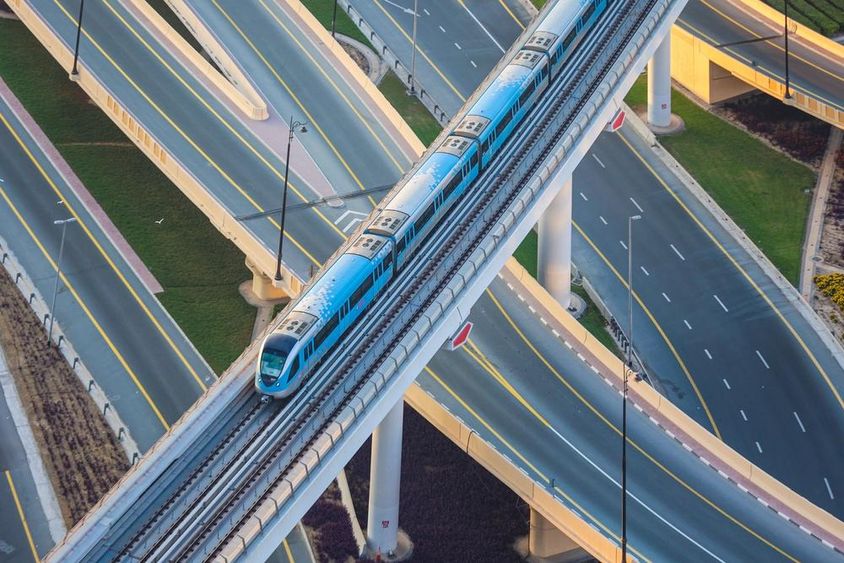 Dubai metro line with Sheikh Zayed Road from above.