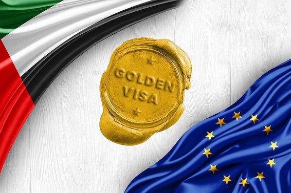 Egyesült Arab Emírségek zászló és az Európai Unió, arany vízum.
