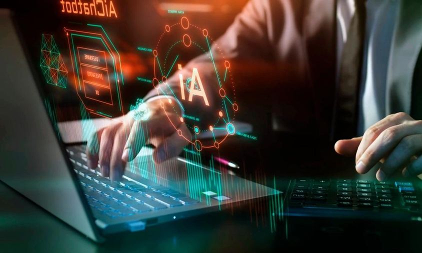 AI technology, artificial intelligence in the workplace, graphic and digital elements.