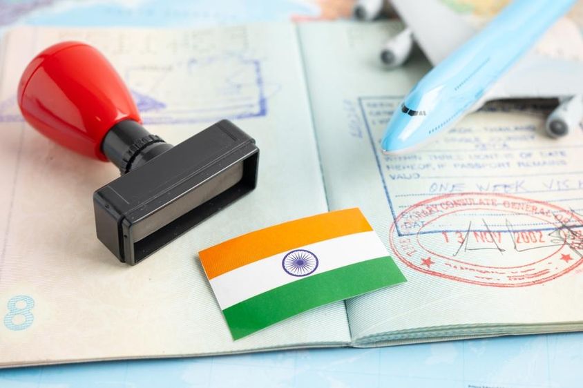 Stamp with visa and passport, small plane on passport.
