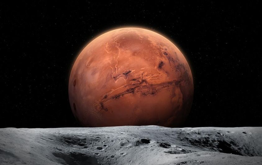 Visão do planeta Marte da superfície da Lua.