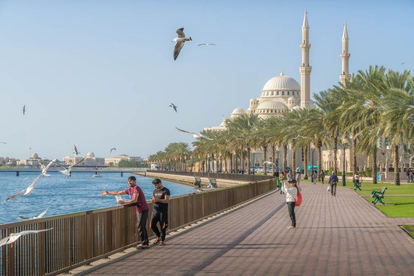 Sharjah, featuring Al Noor Mosque, Khalid Lagoon, and the Persian Gulf, with palm trees and a cityscape view.