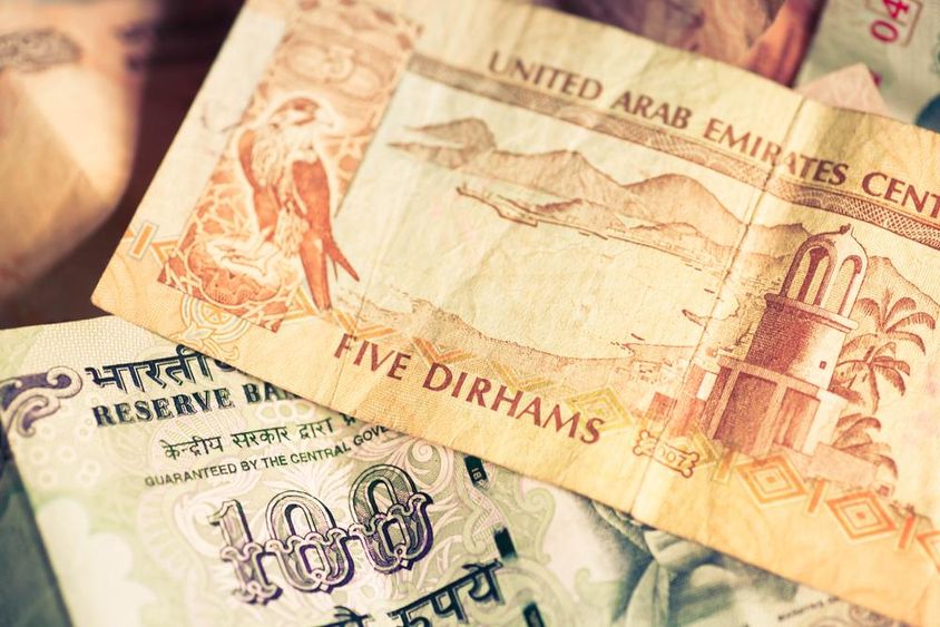 Currencies of the United Arab Emirates and the Republic of India.