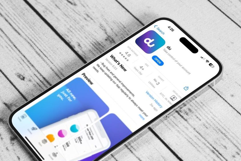Du app on an Apple iPhone 14 in the app store.