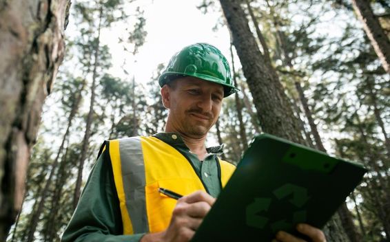 Umweltingenieur macht Notizen in einem Wald.