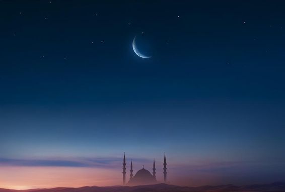 چاند کے ساتھ آسمان میں غروب آفتاب کے وقت مسجد۔