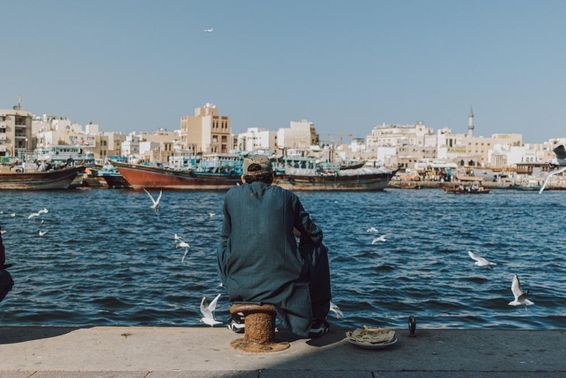 Férfi élvezi a vízparti kilátást hajókkal és sirályokkal a Dubai Creekben.