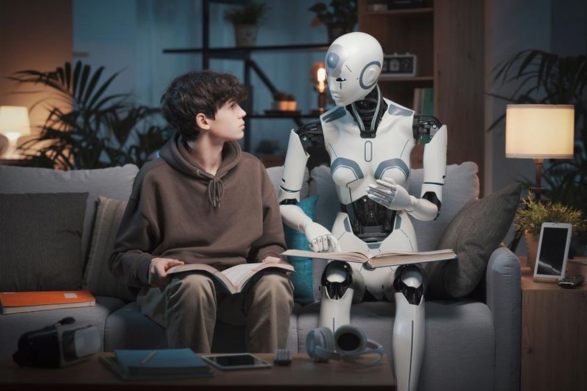 Innovatív mesterséges intelligencia robotoktató, aki segít egy tinédzser fiúnak a házi feladatban.