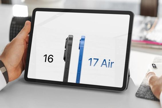 Businessperson compares iPhone 16 and iPhone 17 on a tablet.