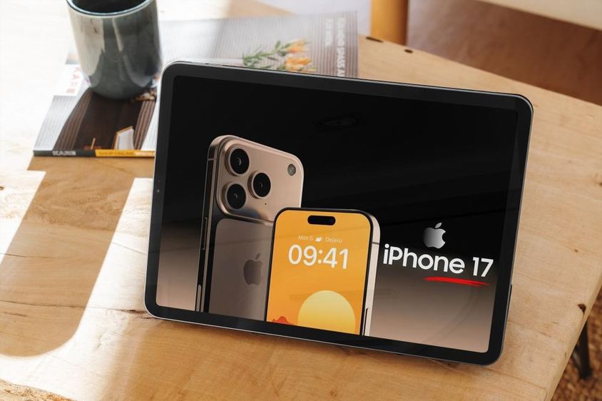 Tableten, az iphone 17 hirdetése,k fából készült asztalon.