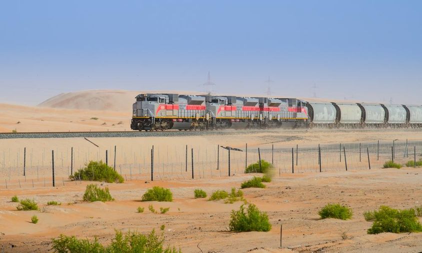 Train journey through the Liwa desert in Abu Dhabi.