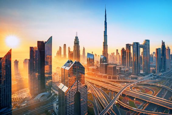 Dubai - modern city center skyline with luxury skyscrapers.