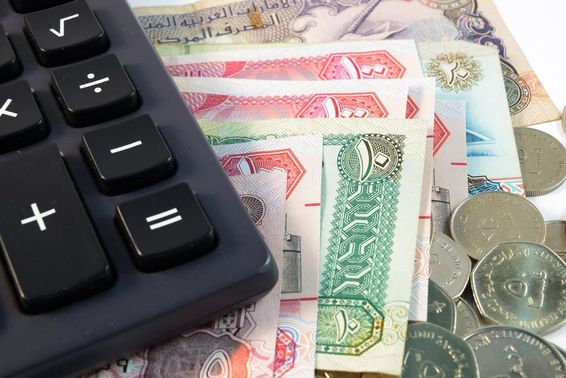Különböző bankjegyek és érmék közelről az Egyesült Arab Emírségekből.