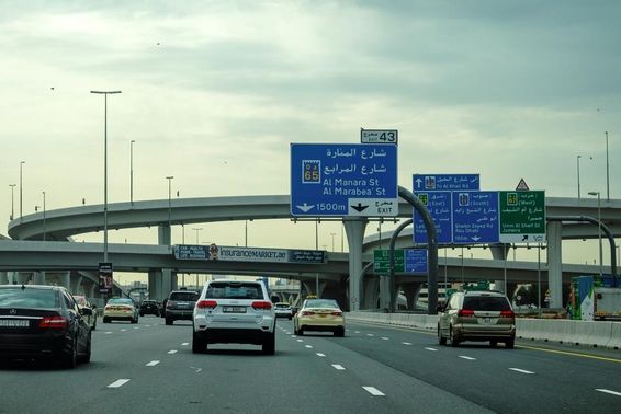 دبئی کی سڑک گاڑیوں اور اوور پاس کے اشتہار کے ساتھ۔