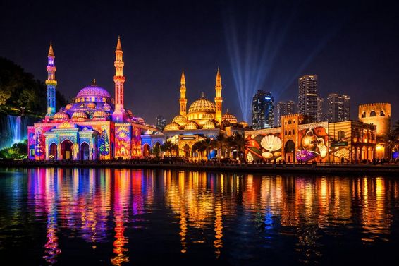 Sharjah épületei fényben úsznak.