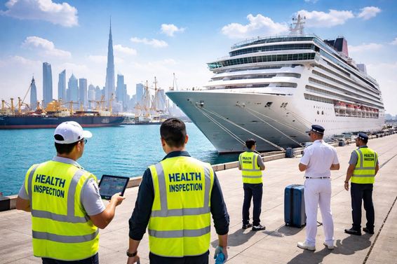 Egészségügyi ellenőrzés Dubai kikötőben.