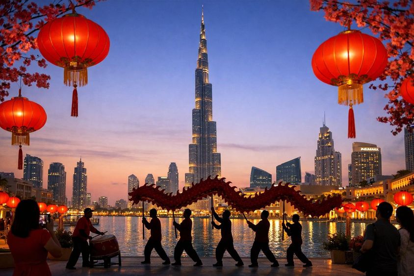 Lights of the Chinese New Year among Dubai's skyscrapers.