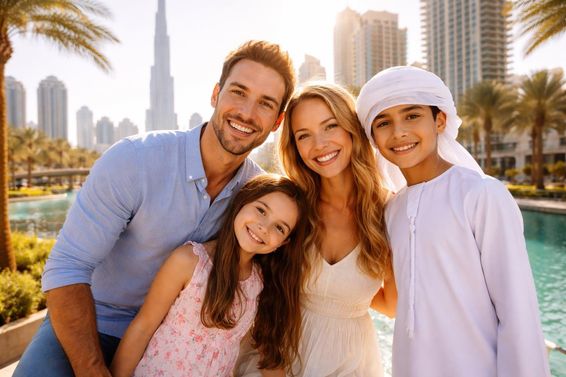 Család Dubai városkép előtt
