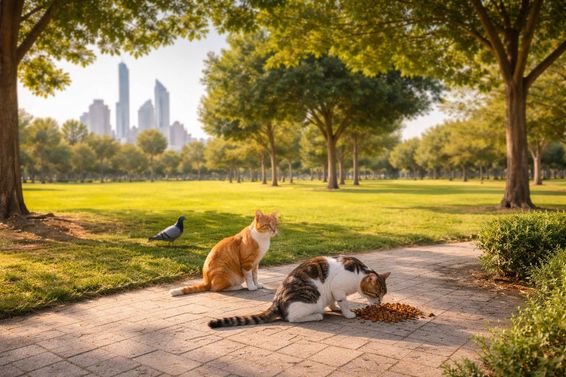 Kóbor macskák parkban esznek