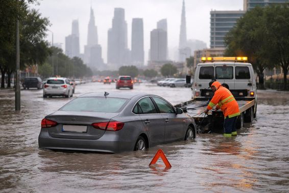 Elárasztott dubai utcán autó