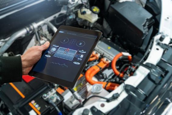 Checking an electric car battery at a service center